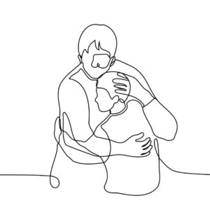 line drawing of parent embracing child