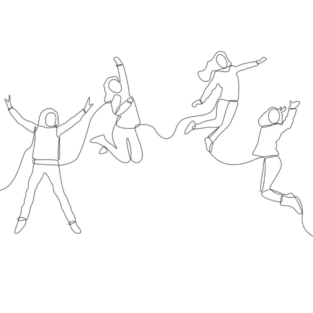 line drawing of 4 people jumping